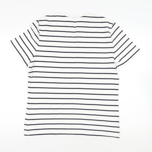 Marks and Spencer Mens White Striped Cotton T-Shirt Size M Crew Neck