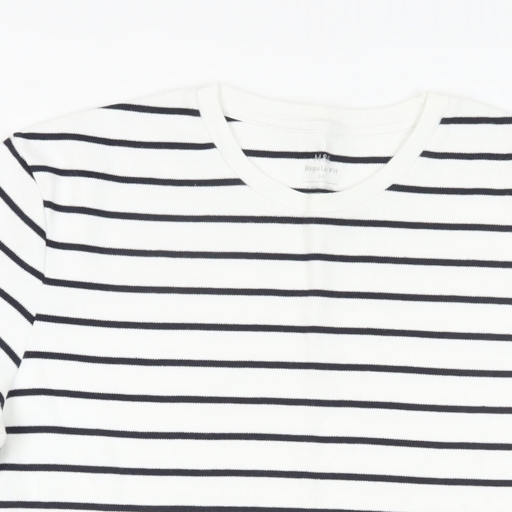 Marks and Spencer Mens White Striped Cotton T-Shirt Size M Crew Neck