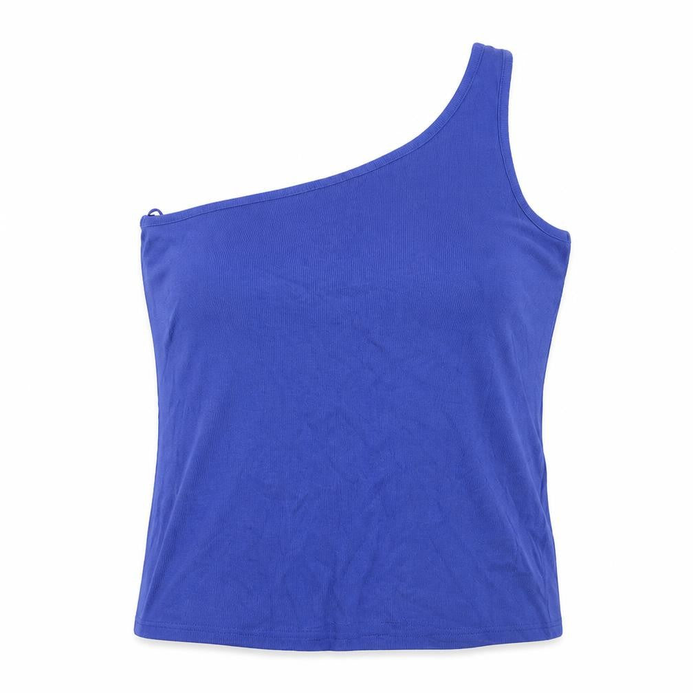 Front view of Marks & Spencer women’s blue cotton basic tank, size UK 20, one shoulder - ribbed