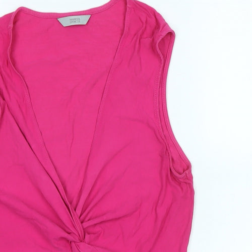 Marks and Spencer Womens Pink Cotton Basic T-Shirt Size 10 V-Neck