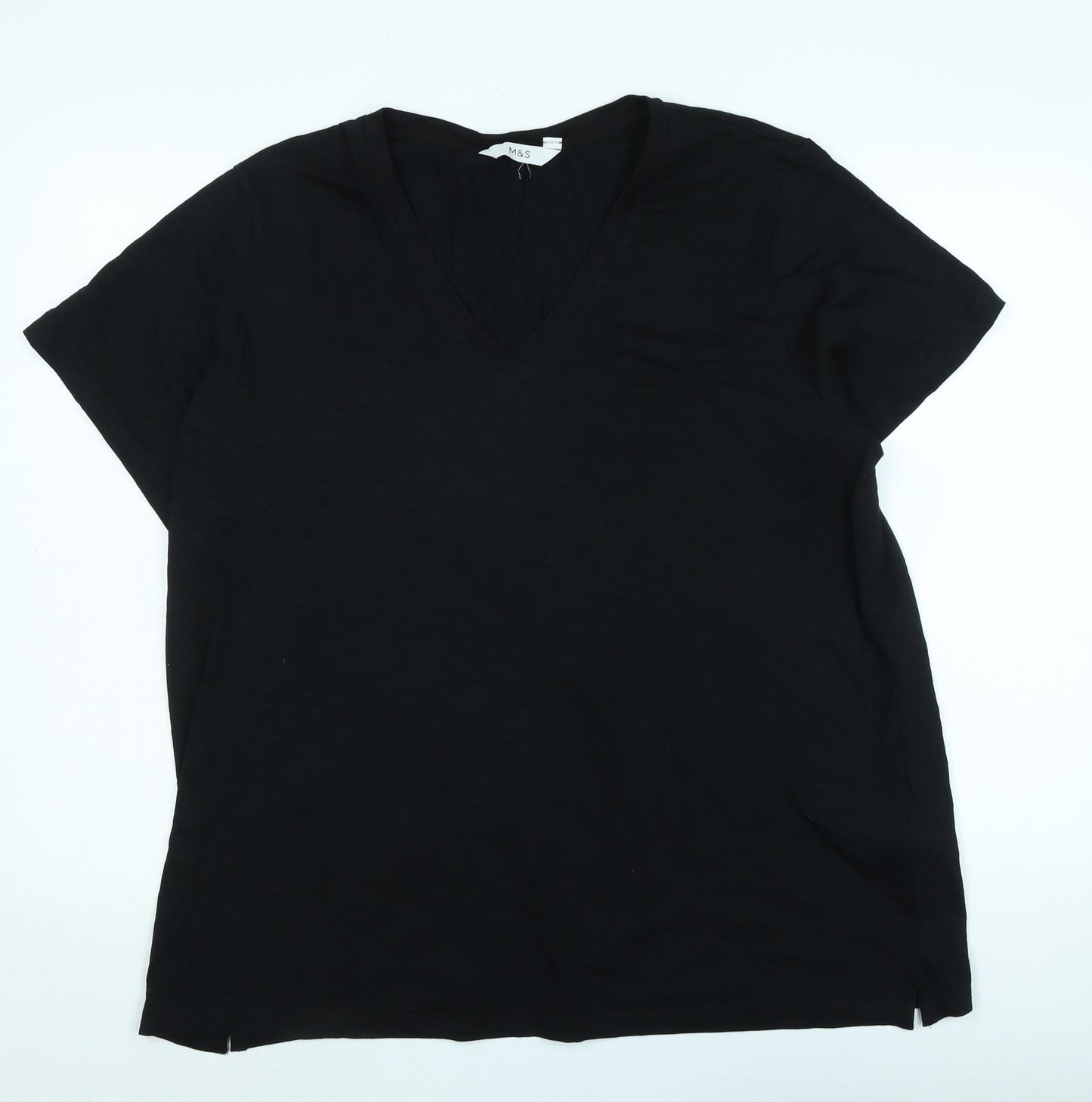 Marks and Spencer Womens Black Cotton Basic T-Shirt Size 20 V-Neck