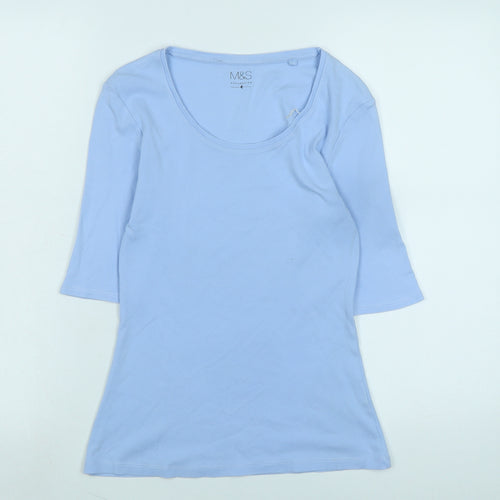 Marks and Spencer Womens Blue Cotton Basic T-Shirt Size 8 Scoop Neck