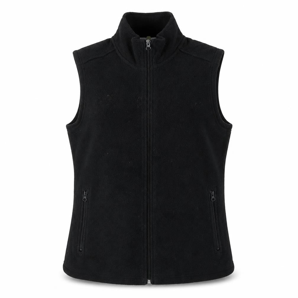 Front view of thermatech women’s black gilet waistcoat, size M, zip