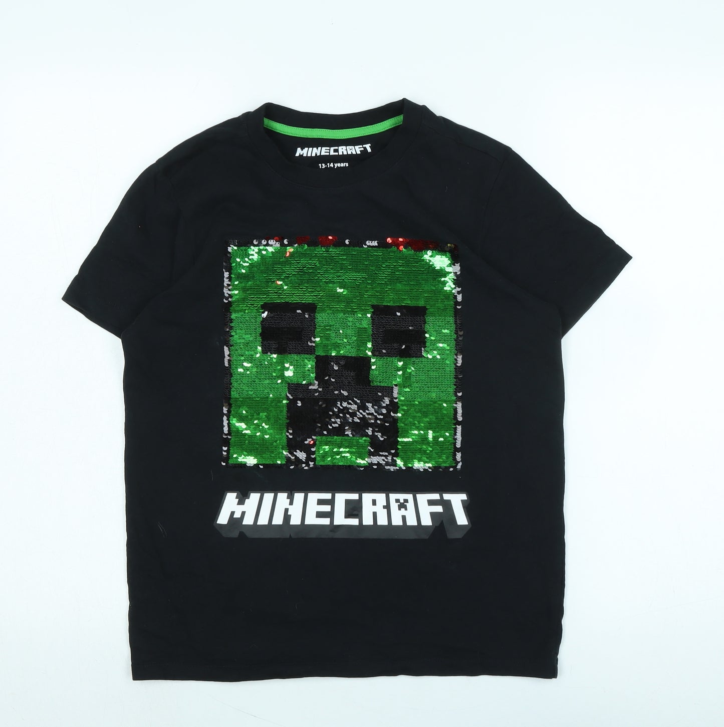 Minecraft Girls Black Cotton Basic T-Shirt Size 13-14 Years Crew Neck - Logo - Minecraft -Sequins