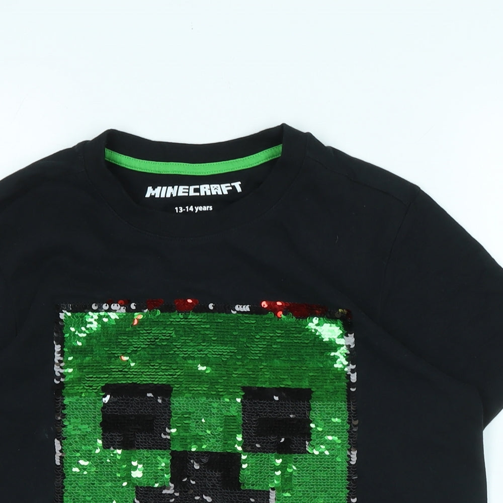 Minecraft Girls Black Cotton Basic T-Shirt Size 13-14 Years Crew Neck - Logo - Minecraft -Sequins