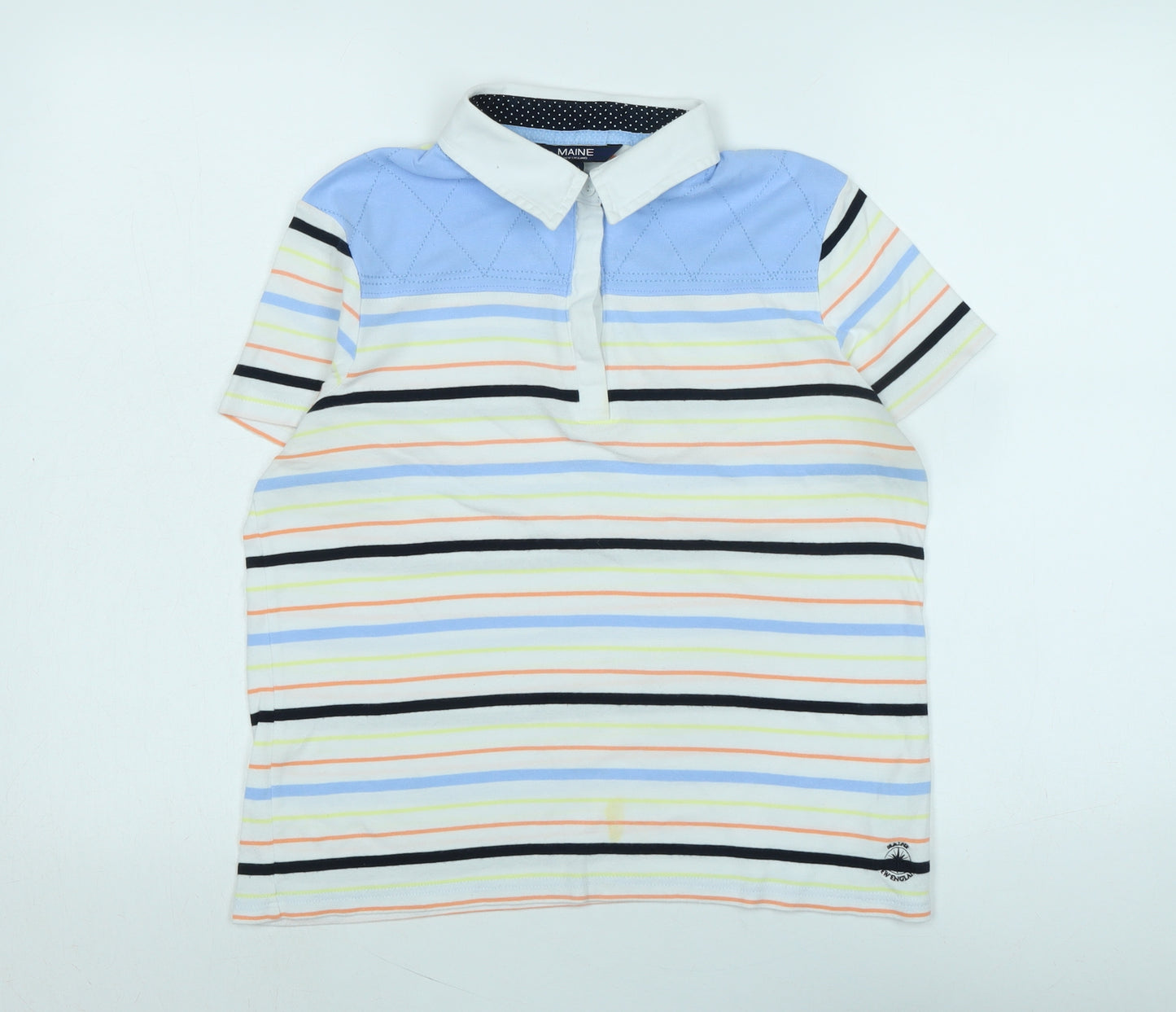 Maine Boys White Striped Cotton Basic Polo Size 14 Years Collared Button - Logo