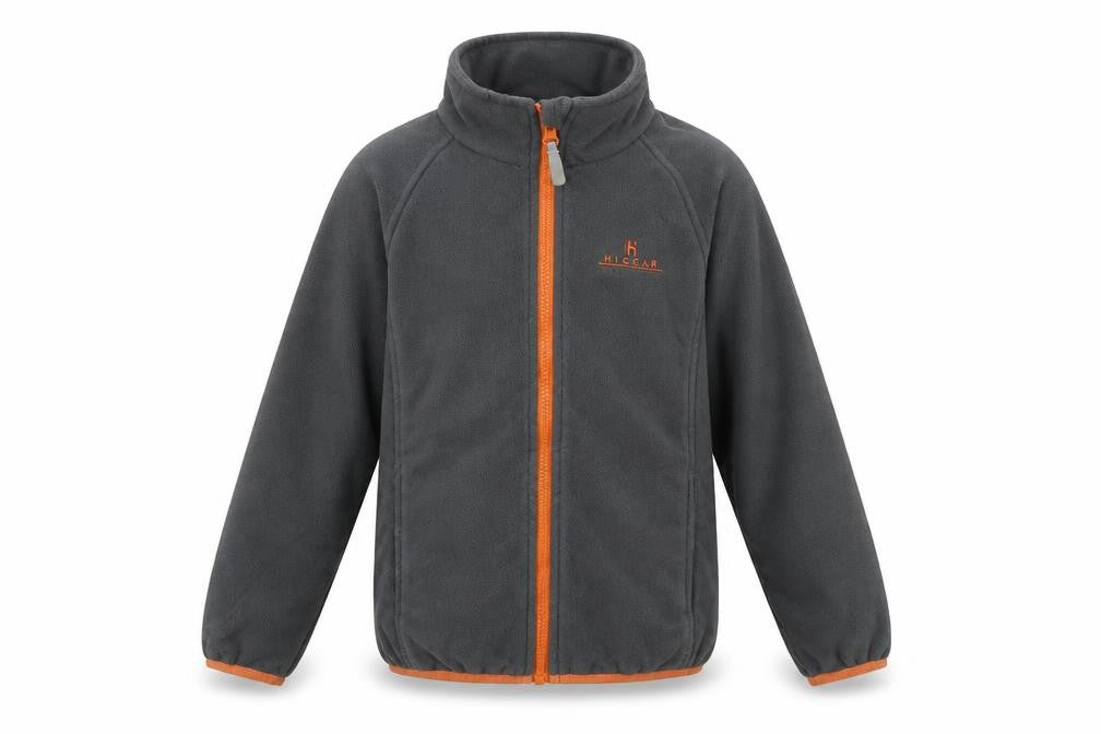 Front view of Hi Gear boys’ grey jacket, size 7-8, years zip - logo
