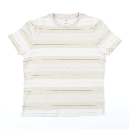 Marks and Spencer Mens Beige Striped Cotton T-Shirt Size L Round Neck