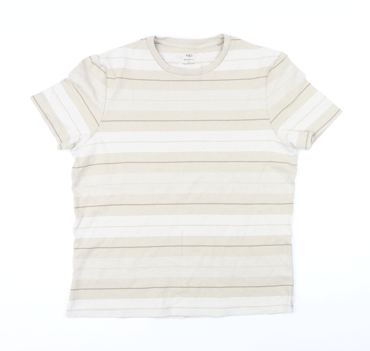 Marks and Spencer Mens Beige Striped Cotton T-Shirt Size L Round Neck