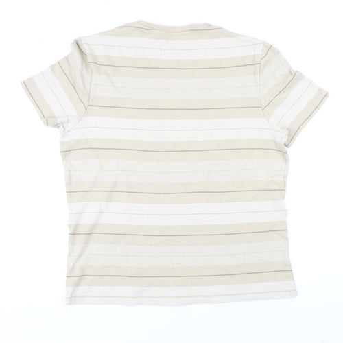 Marks and Spencer Mens Beige Striped Cotton T-Shirt Size L Round Neck