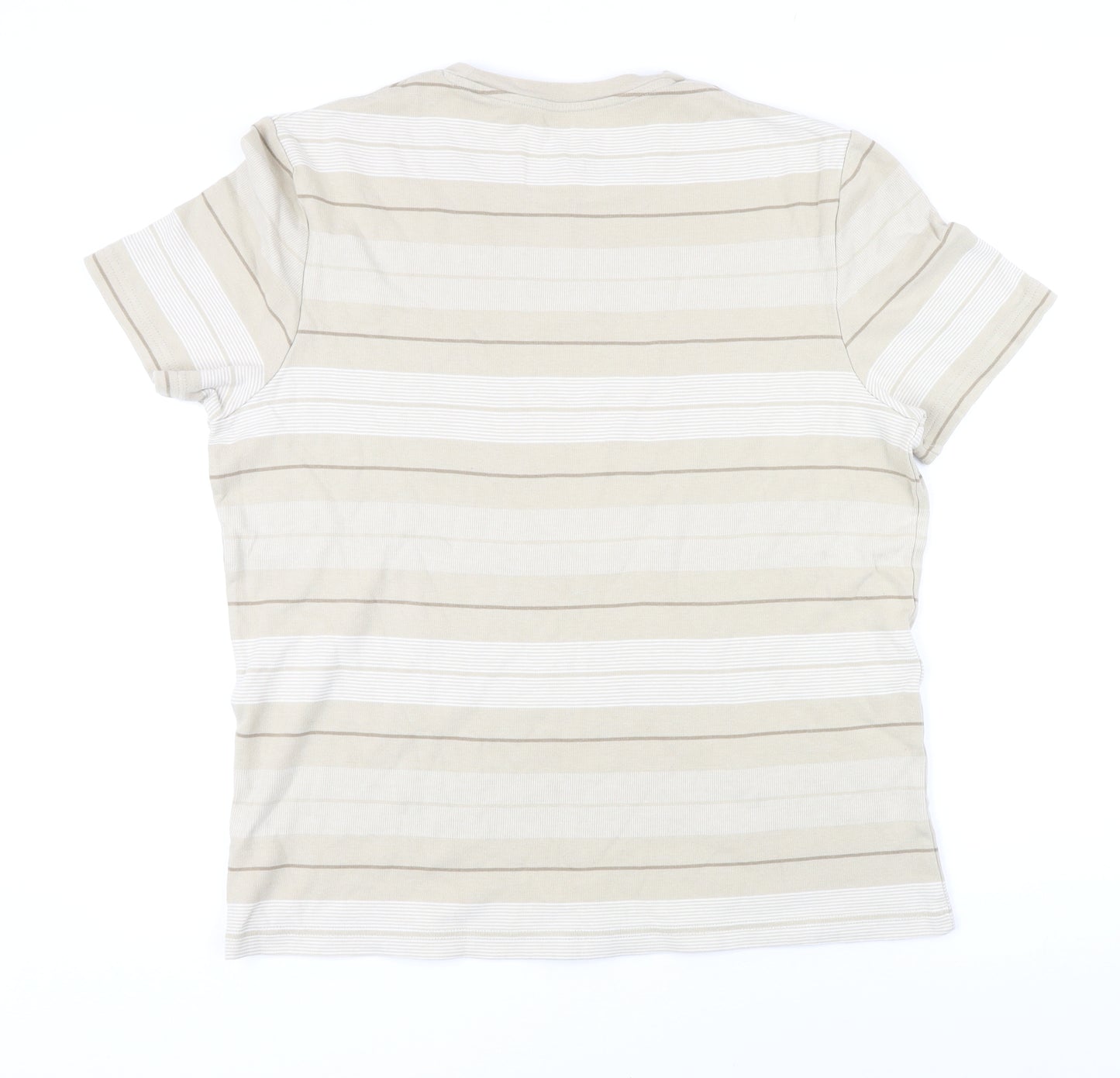 Marks and Spencer Mens Beige Striped Cotton T-Shirt Size L Round Neck