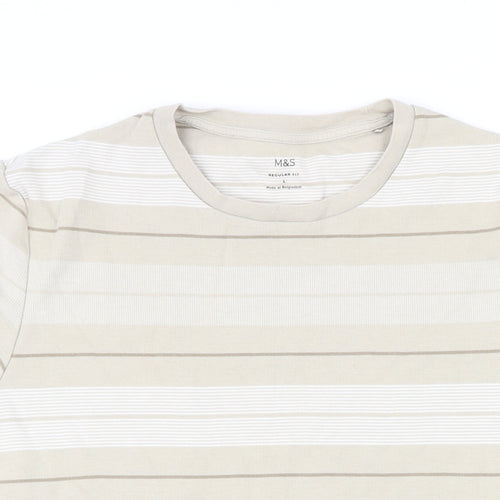 Marks and Spencer Mens Beige Striped Cotton T-Shirt Size L Round Neck