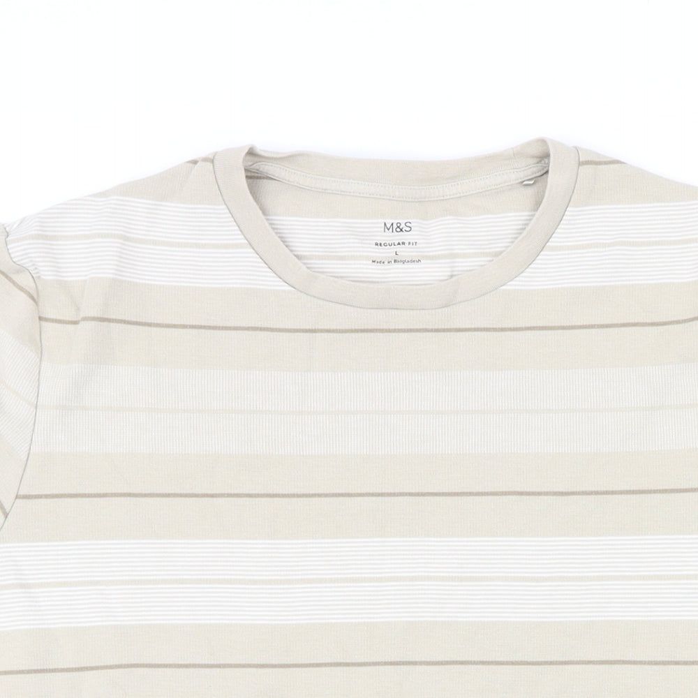 Marks and Spencer Mens Beige Striped Cotton T-Shirt Size L Round Neck