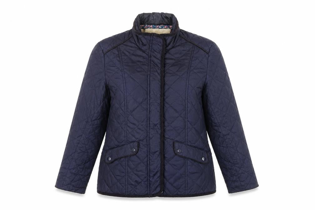 Front view of Avenue women’s blue quilted jacket, size S, zip