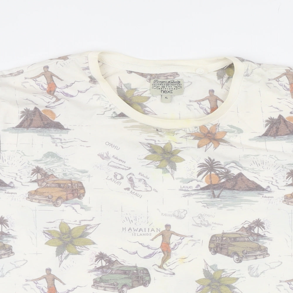 NEXT Mens Ivory Geometric Polyester T-Shirt Size XL Round Neck