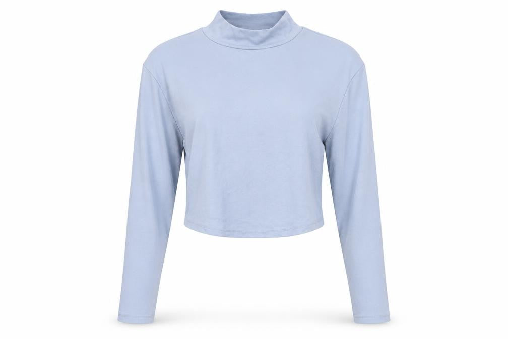 Front view of ASOS women’s blue cotton basic t-shirt, size UK 14, mock neck - cropped
