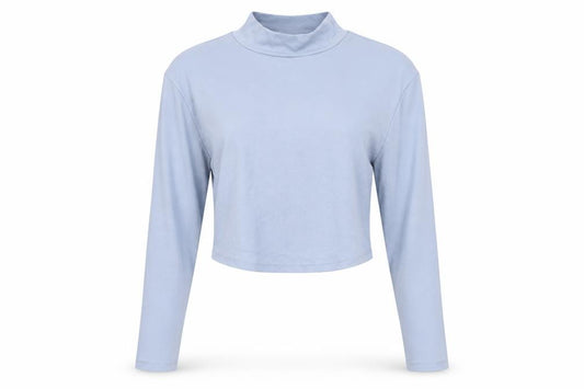 Front view of ASOS women’s blue cotton basic t-shirt, size UK 14, mock neck - cropped