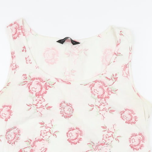 Dorothy Perkins Womens White Floral 100% Cotton Basic T-Shirt Size 14 Scoop Neck - Gemstone Print