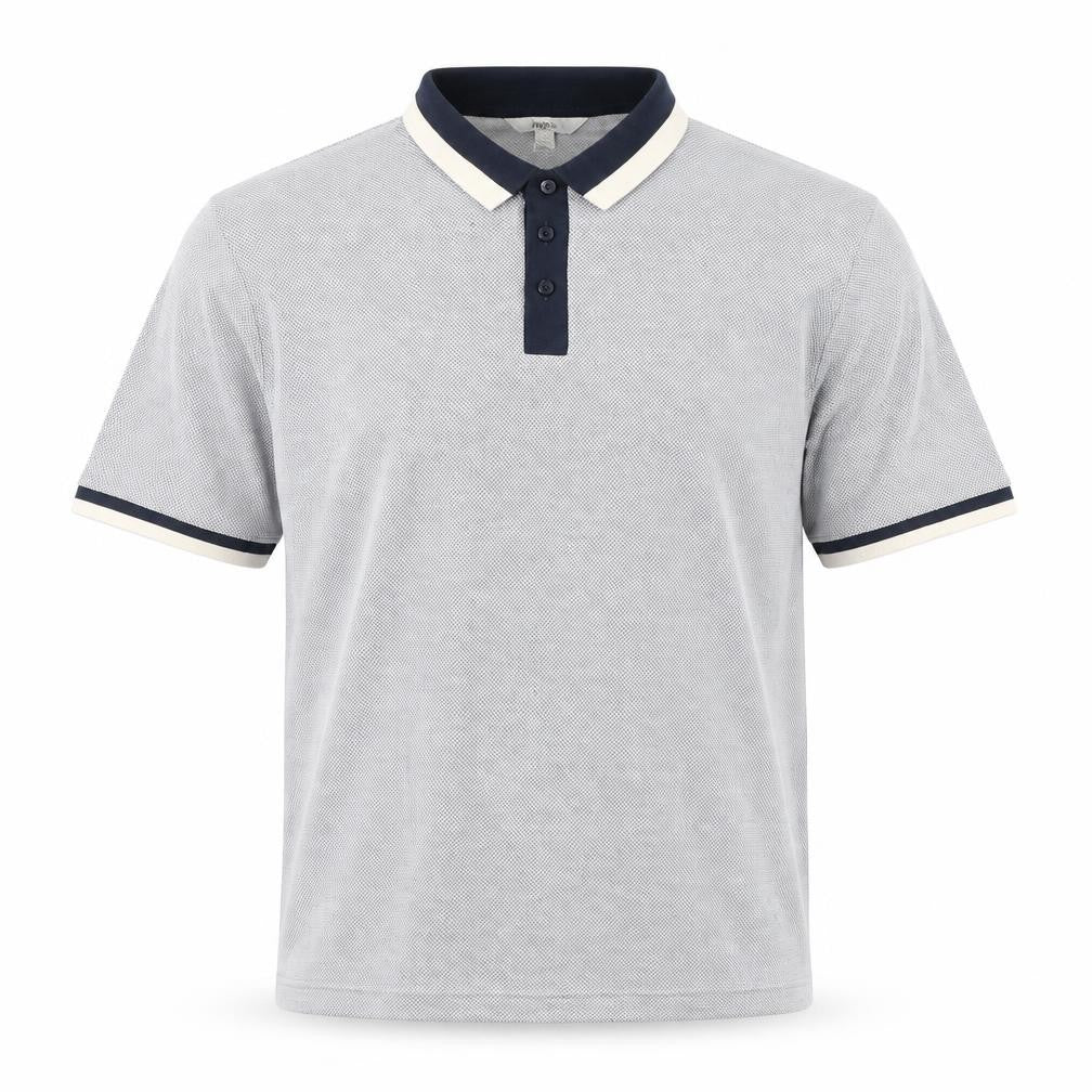 Front view of Marks & Spencer men’s blue geometric modal polo, size L, collared button