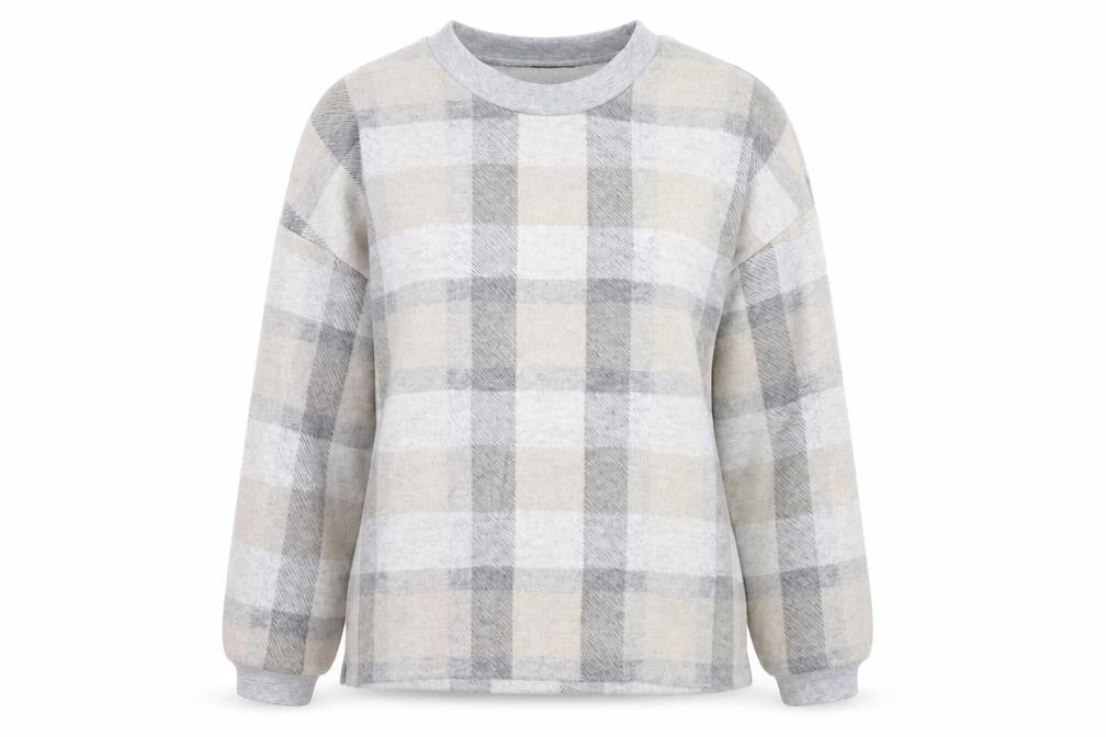 Front view of Marks & Spencer women’s grey check polyester pullover sweatshirt, size M