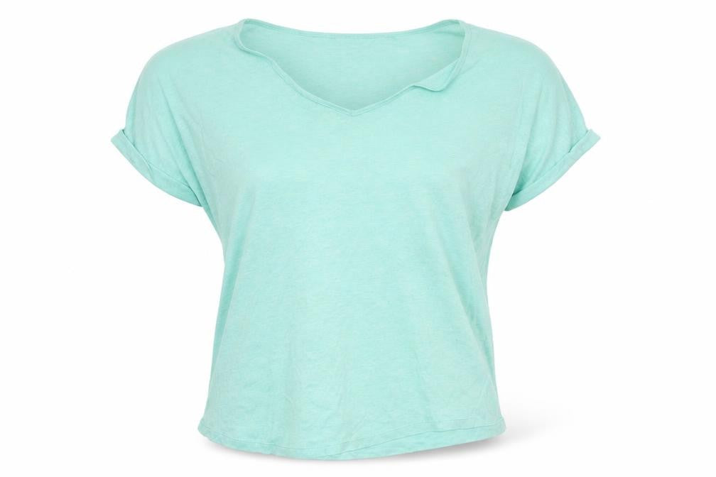Front view of Indigo women’s gold flax basic t-shirt, size UK 20, scoop neck