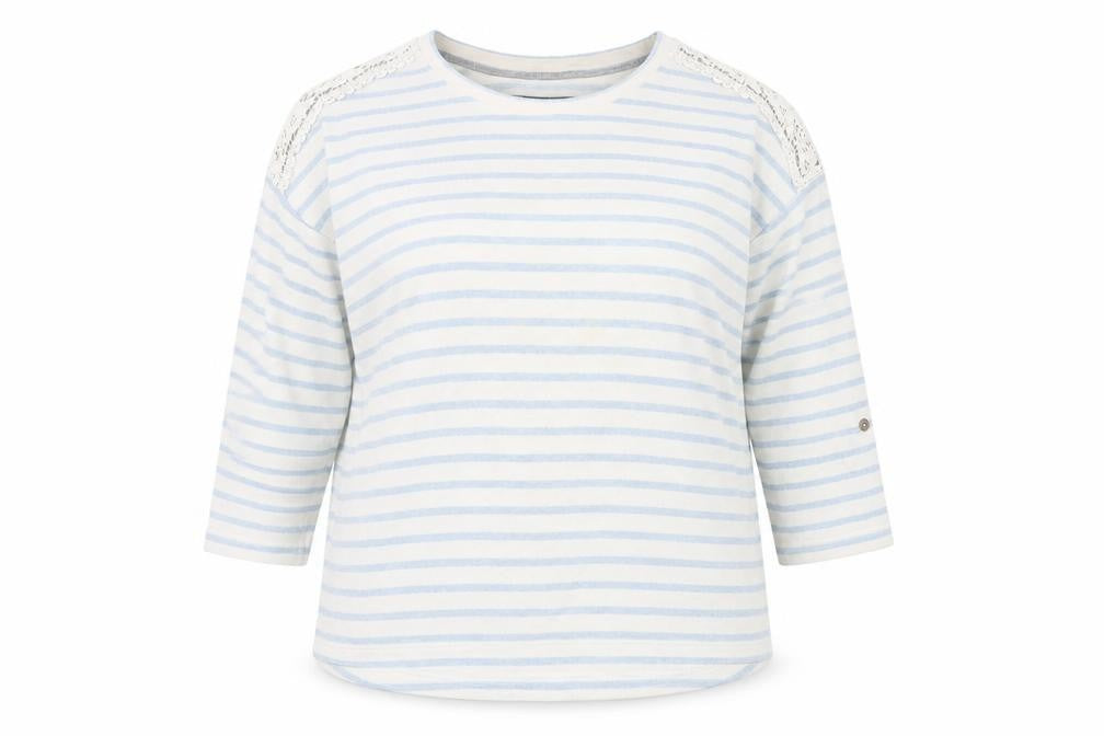 Front view of Indigo women’s blue striped cotton basic t-shirt, size UK 16, boat neck