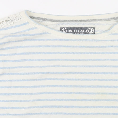 Indigo Womens Blue Striped Cotton Basic T-Shirt Size 16 Boat Neck