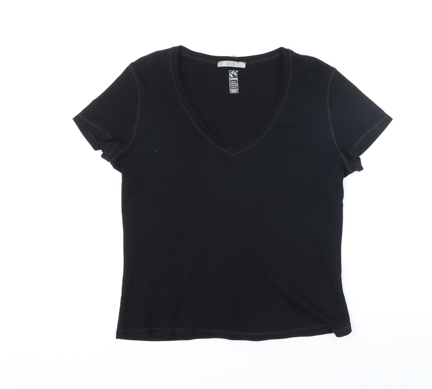 Marks and Spencer Womens Black 100% Cotton Basic T-Shirt Size 14 V-Neck