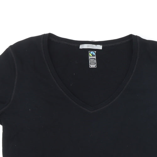 Marks and Spencer Womens Black 100% Cotton Basic T-Shirt Size 14 V-Neck