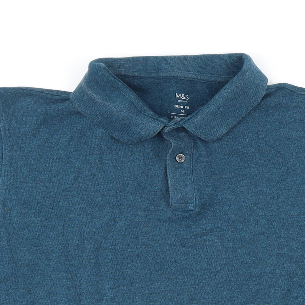 Marks and Spencer Mens Blue 100% Cotton Polo Size M Collared Button