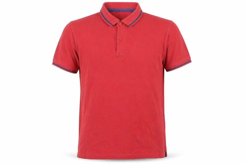 Front view of Edenrobe men’s red 100% cotton polo, size M, collared button