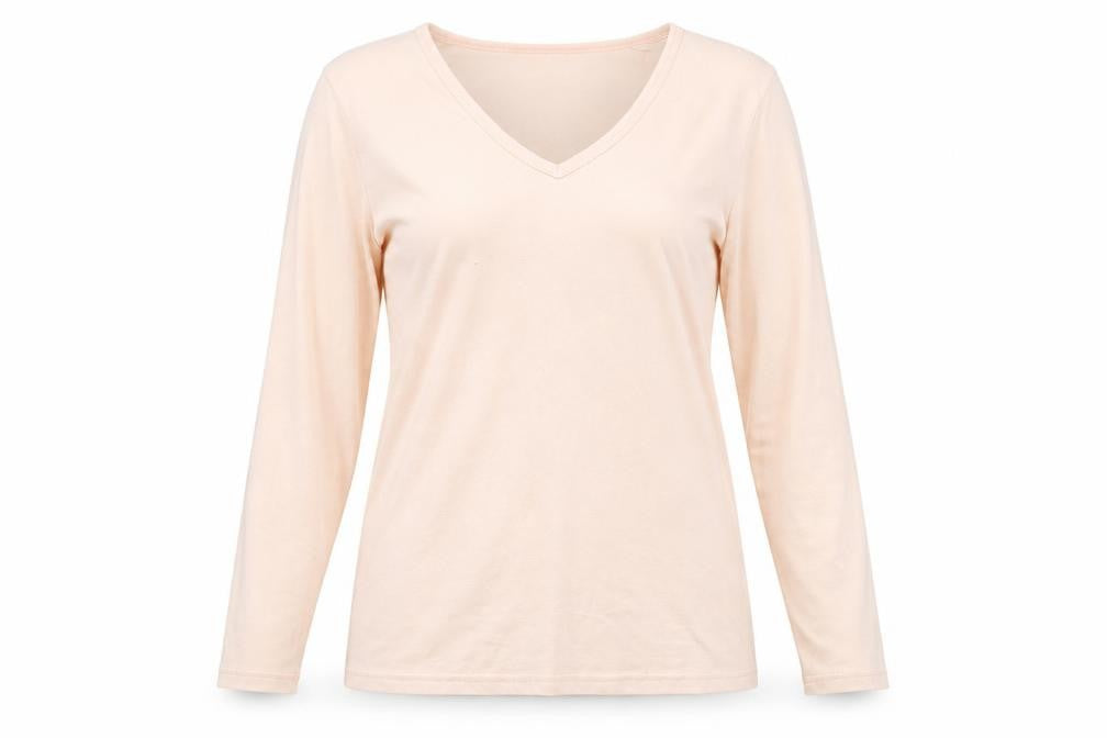 Front view of Damart women’s pink polyester basic t-shirt, size UK 18, v-neck