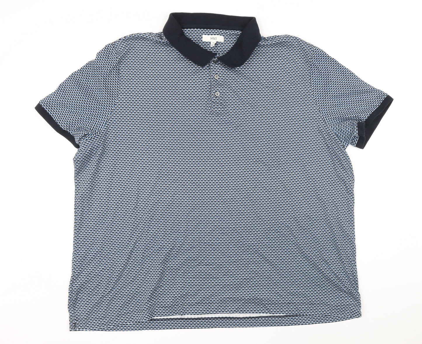 Marks and Spencer Mens Blue Geometric Polyester Polo Size 4XL Collared Button