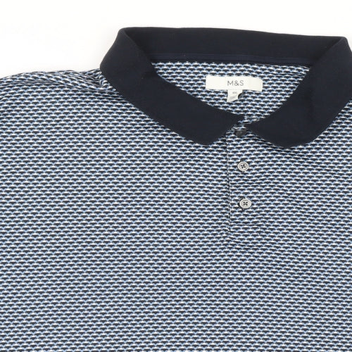 Marks and Spencer Mens Blue Geometric Polyester Polo Size 4XL Collared Button