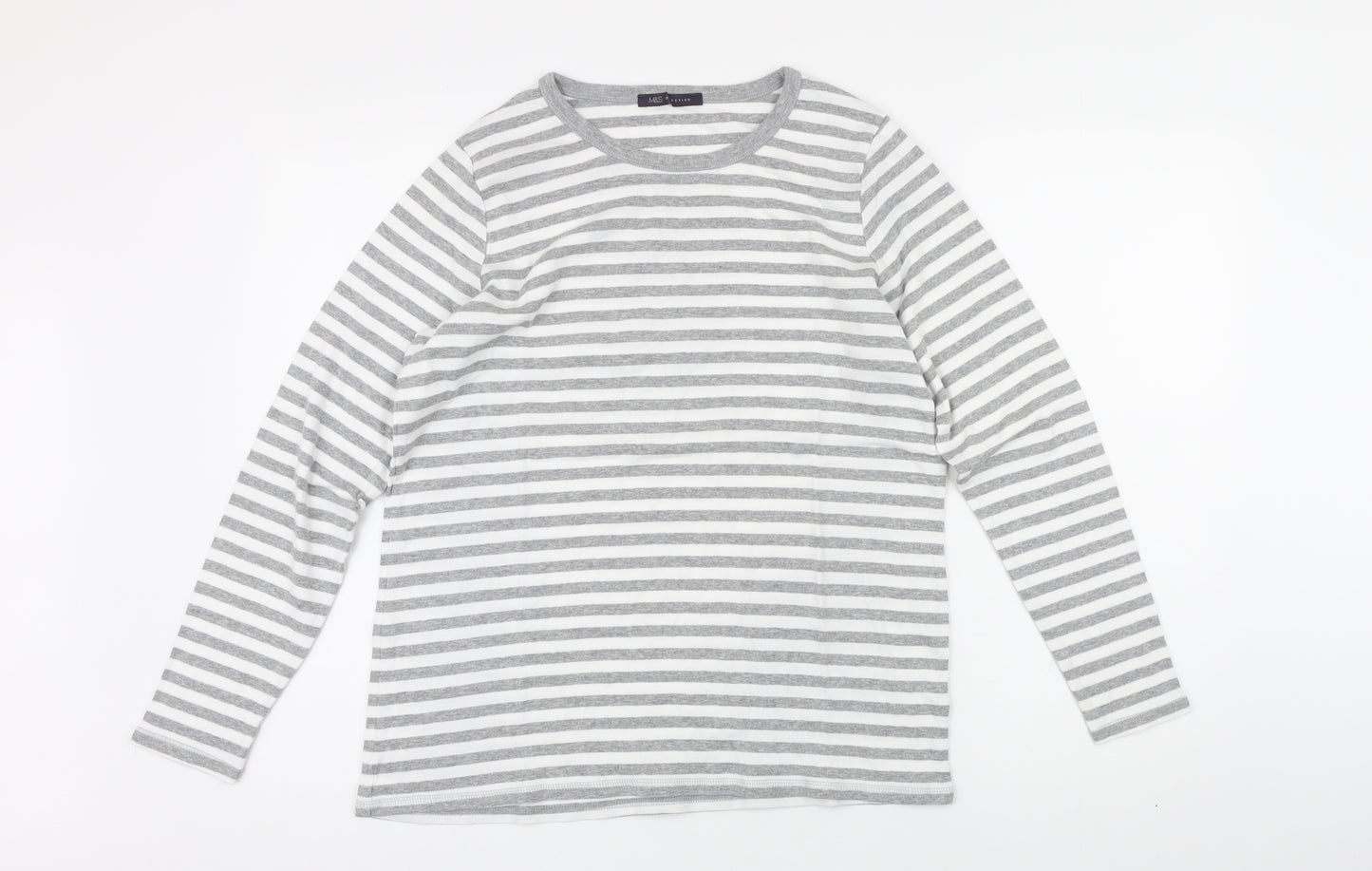 Marks and Spencer Womens Grey Striped 100% Cotton Basic T-Shirt Size 18 Boat Neck