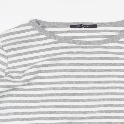Marks and Spencer Womens Grey Striped 100% Cotton Basic T-Shirt Size 18 Boat Neck