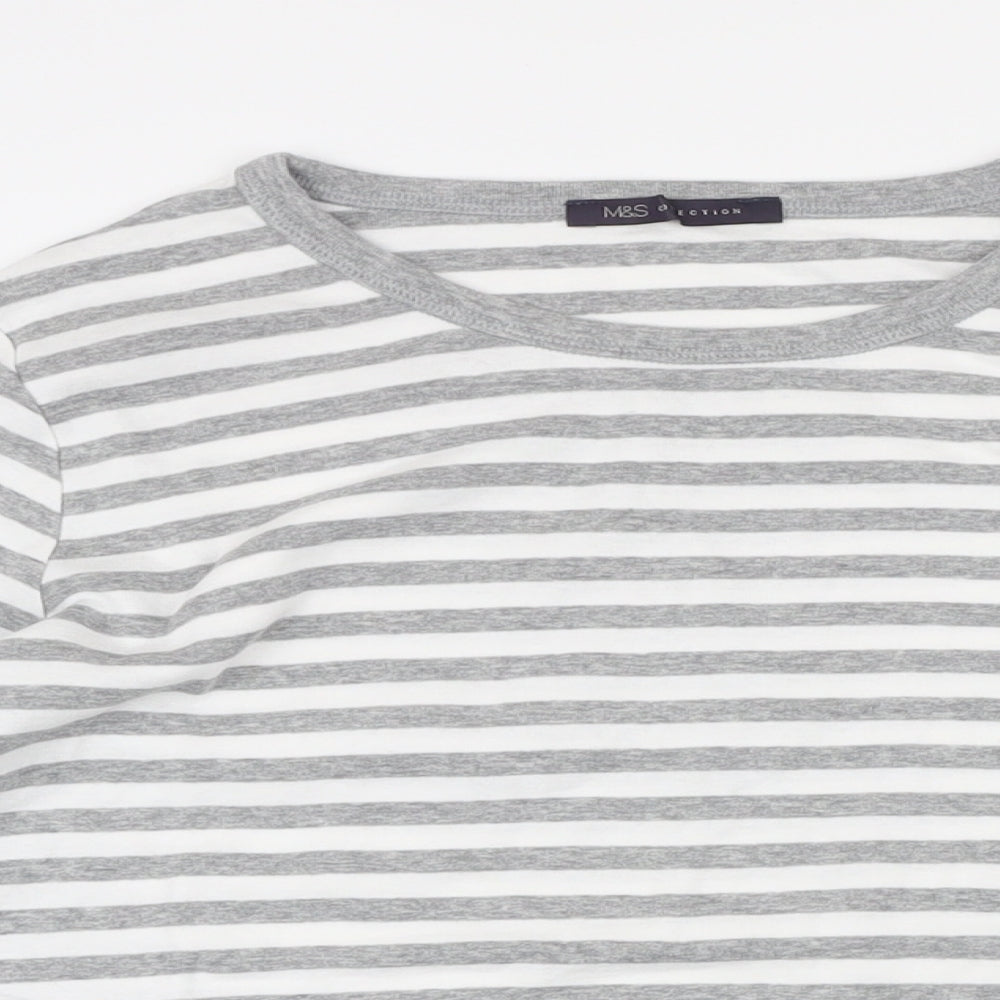Marks and Spencer Womens Grey Striped 100% Cotton Basic T-Shirt Size 18 Boat Neck