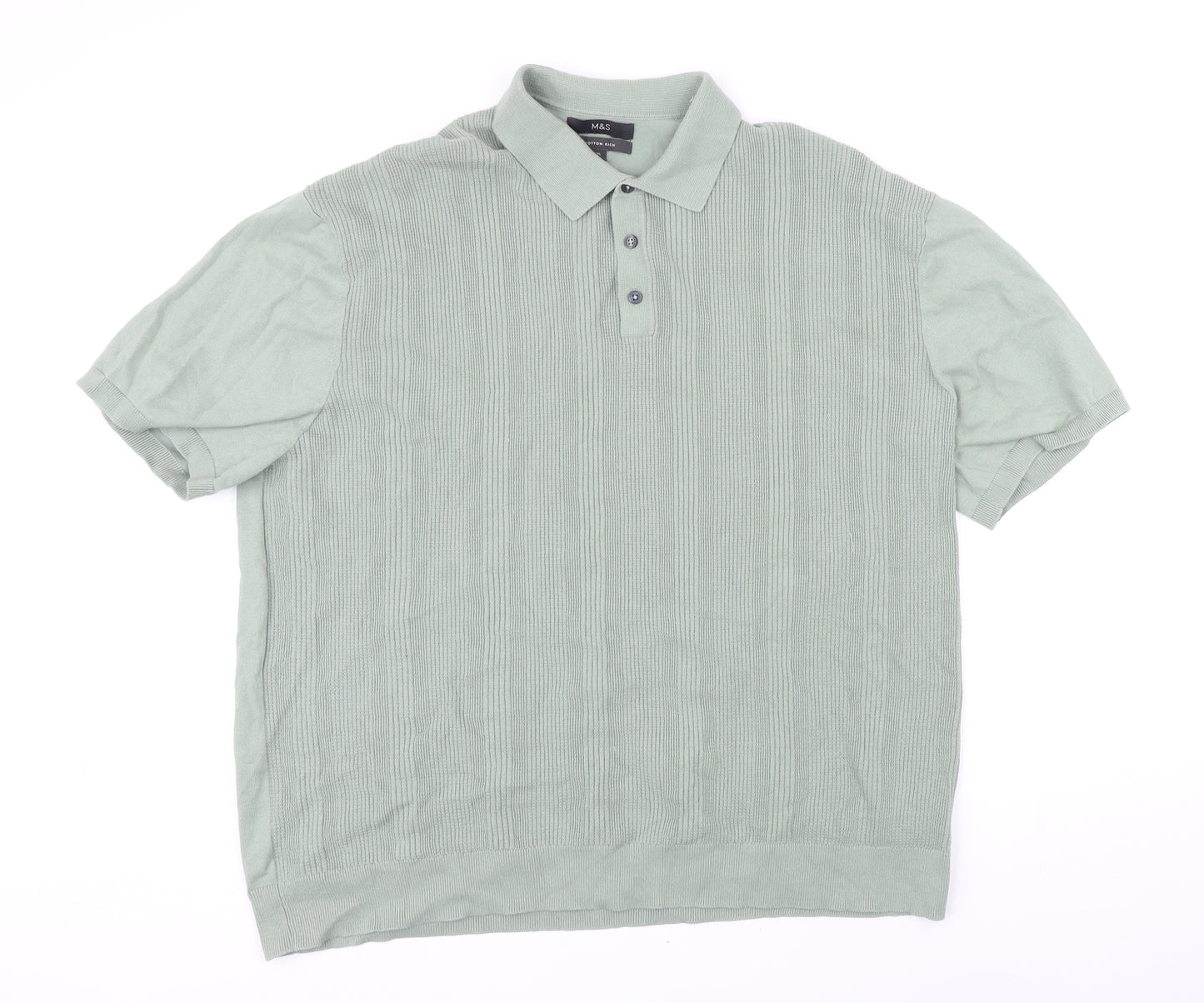 Marks and Spencer Mens Green Cotton Polo Size 3XL Collared Button