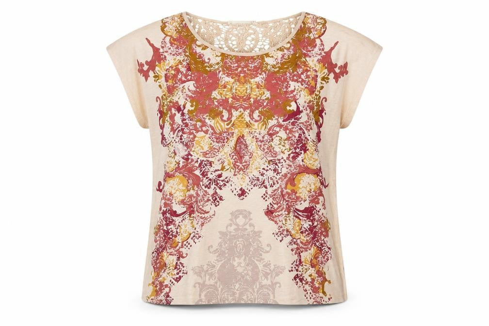 Front view of Indigo women’s beige cotton basic t-shirt, size UK 16, boat neck - geometric front print