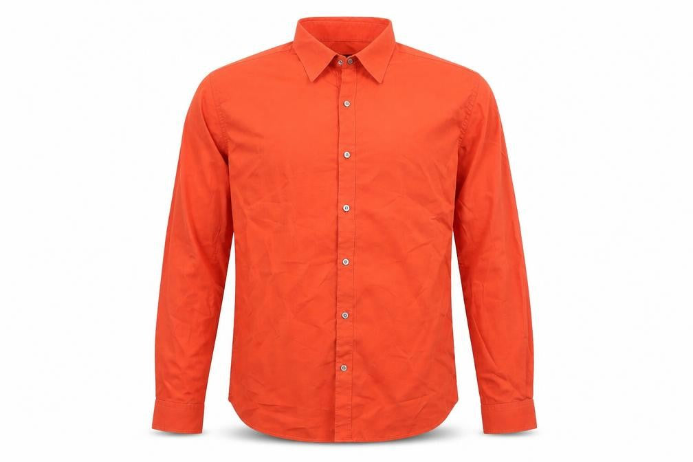 Front view of River Island men’s orange cotton button-up, size XL, collared button
