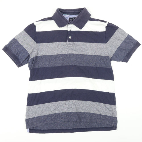 Blue Harbour Mens Blue Striped 100% Cotton Polo Size M Collared Button