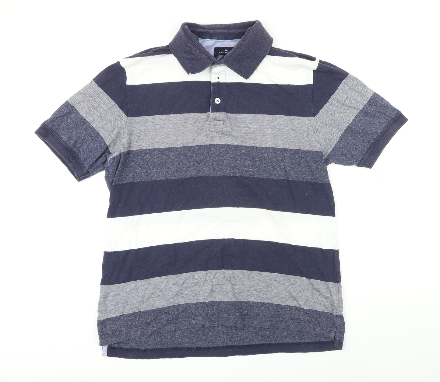 Blue Harbour Mens Blue Striped 100% Cotton Polo Size M Collared Button