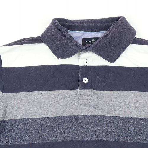 Blue Harbour Mens Blue Striped 100% Cotton Polo Size M Collared Button