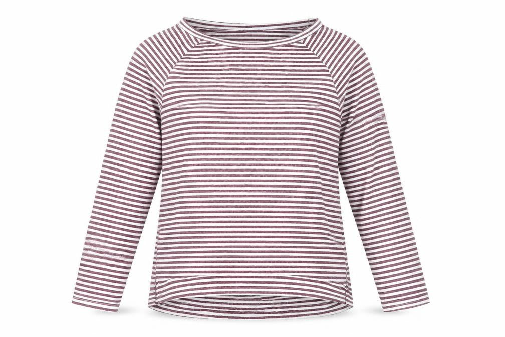 Front view of Marks & Spencer women’s purple striped polyester basic t-shirt, size UK 10, boat neck