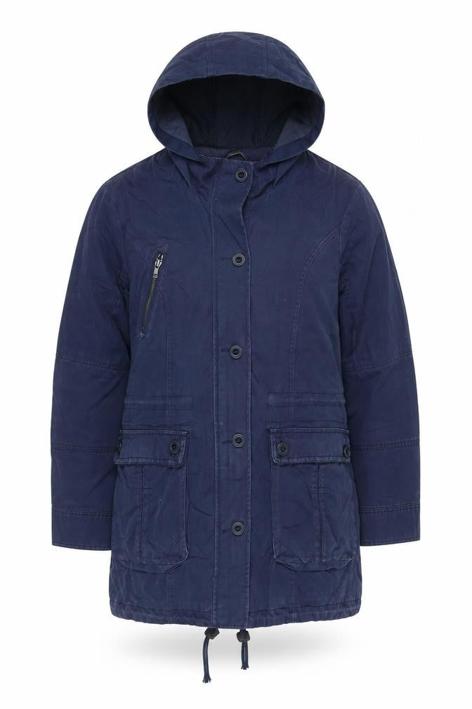 Front view of Indigo women’s blue jacket coat, size UK 14, zip