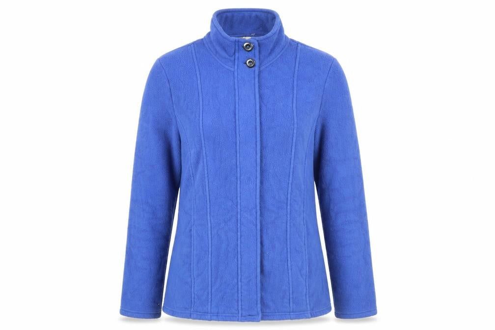Front view of Classics women’s blue polyester full zip sweatshirt, size UK 12, zip