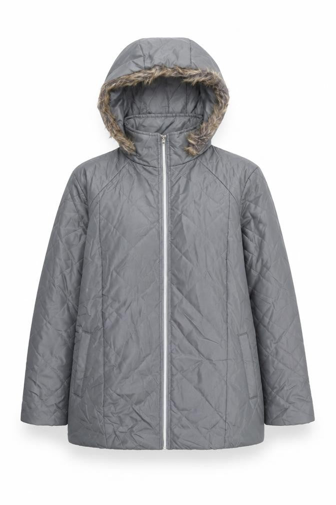 Front view of Anna De Lancay women’s grey jacket coat, size M, zip