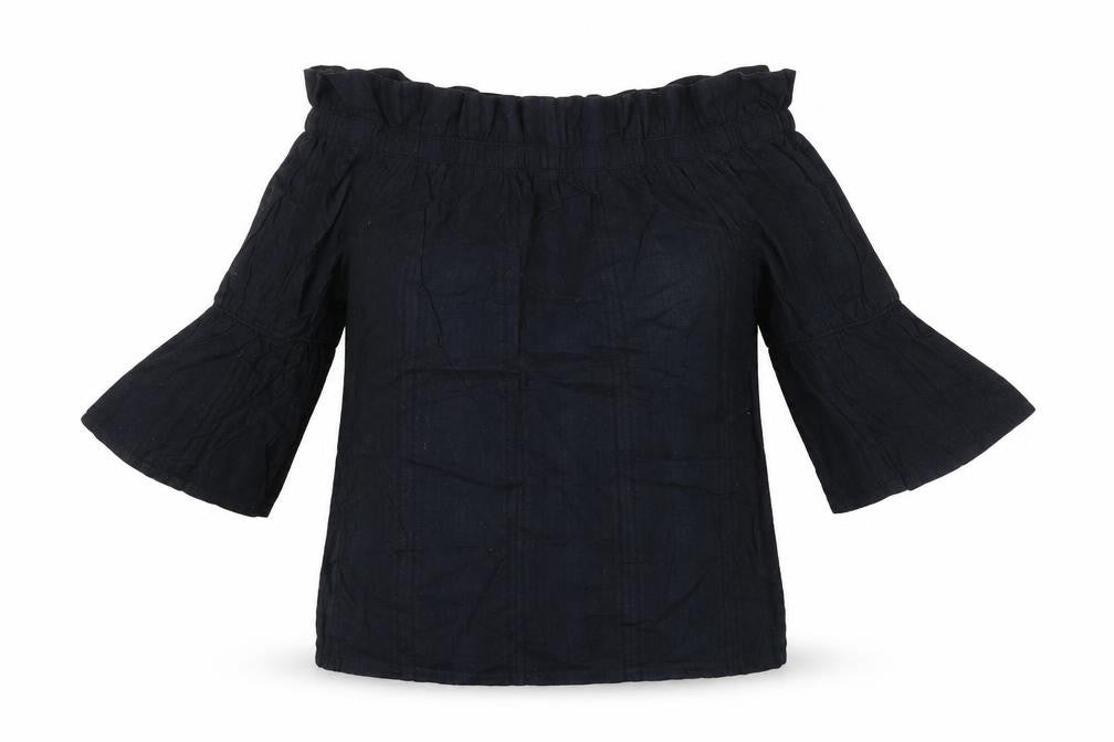Front view of Next women’s black 100% cotton tunic blouse, size UK 10, off the shoulder