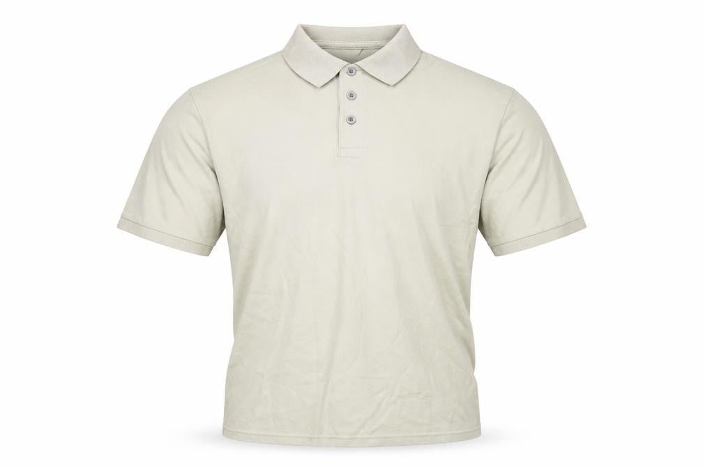 Front view of Blue Harbour men’s beige cotton polo, size M, collared button