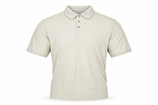 Front view of Blue Harbour men’s beige cotton polo, size M, collared button
